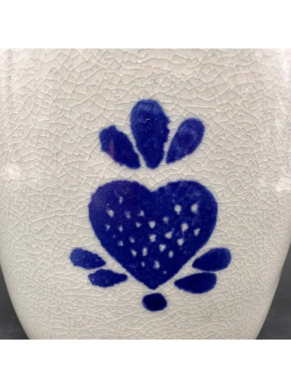 Vintage Crock Gray Blue Heart Utensil Holder Vase Country Cottage 1990s Ceramic